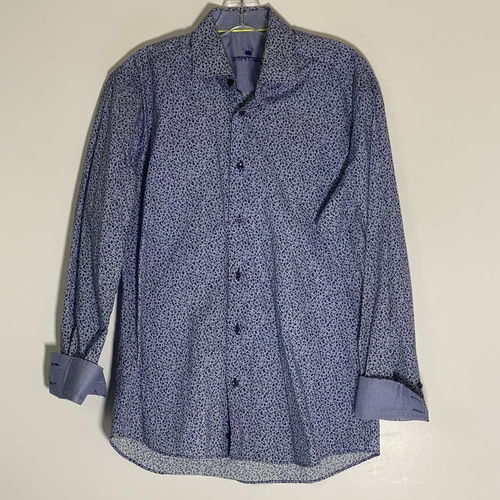 BERTIGO‎ Shirt Mens Large Blue Leopard Contrast Flip Cuff Cotton Casual Classic